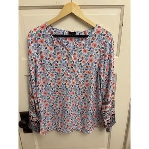 TALBOTS Henley Botanical Floral Popover Peasant Top Blue‎ Pink Boho Size Small